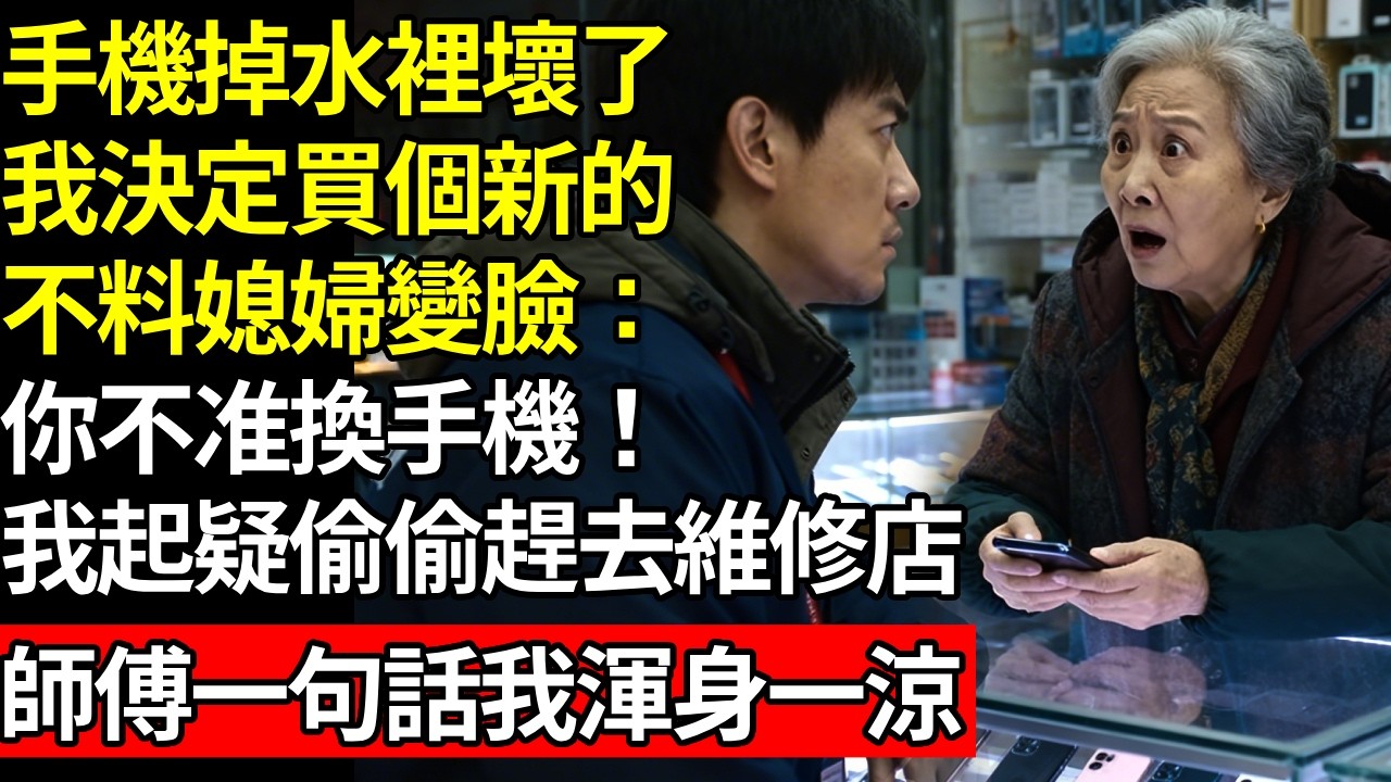 手機不小心掉進水裡壞了，我決定要買一個新的，不料媳婦瞬間臉色煞白，你不准換手機！ 我起疑藉口上廁所趕去修理店，師傅大驚小怪一句話我渾身一涼！# 養老 #人間家務事# 晚年真相#不肖子孫
