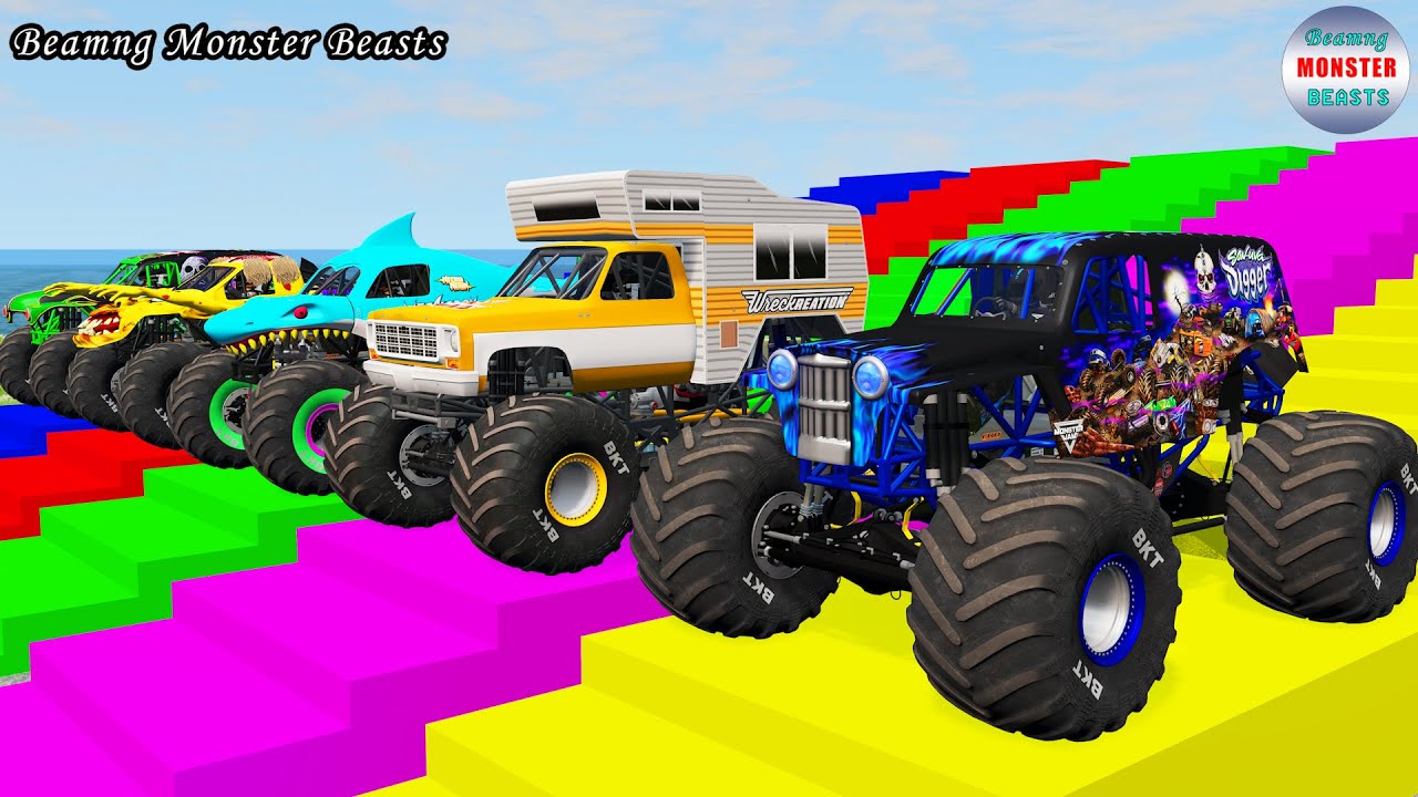 Monster Truck Transport on Triple Flatbed Trailer &ndash; BeamNG Monster Beasts #169