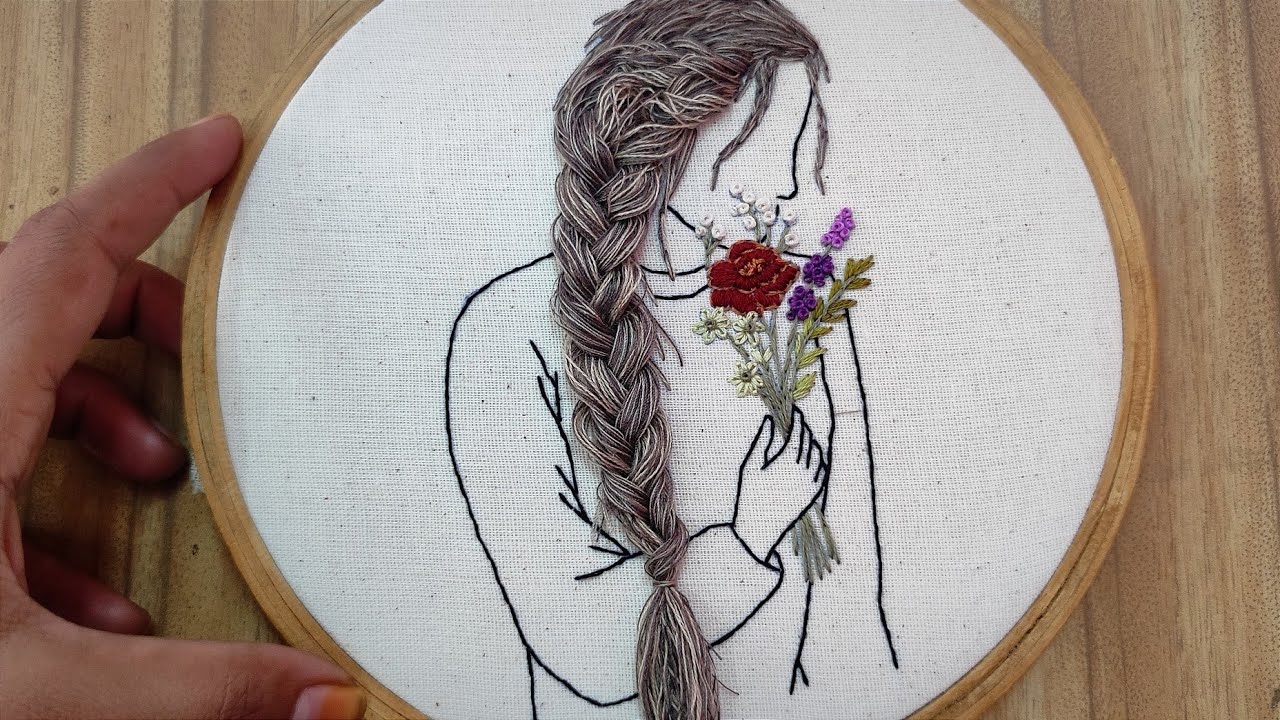 Girl and hair embroidery tutorial || Embroidery for beginners || Girl and flowers || Let's Explore