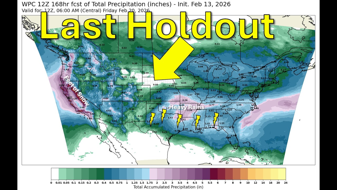 Feb 13, 2026: 100” of Snow in Sierra Nevada Mts | Deepening Western Trough | Svr Storms South...
