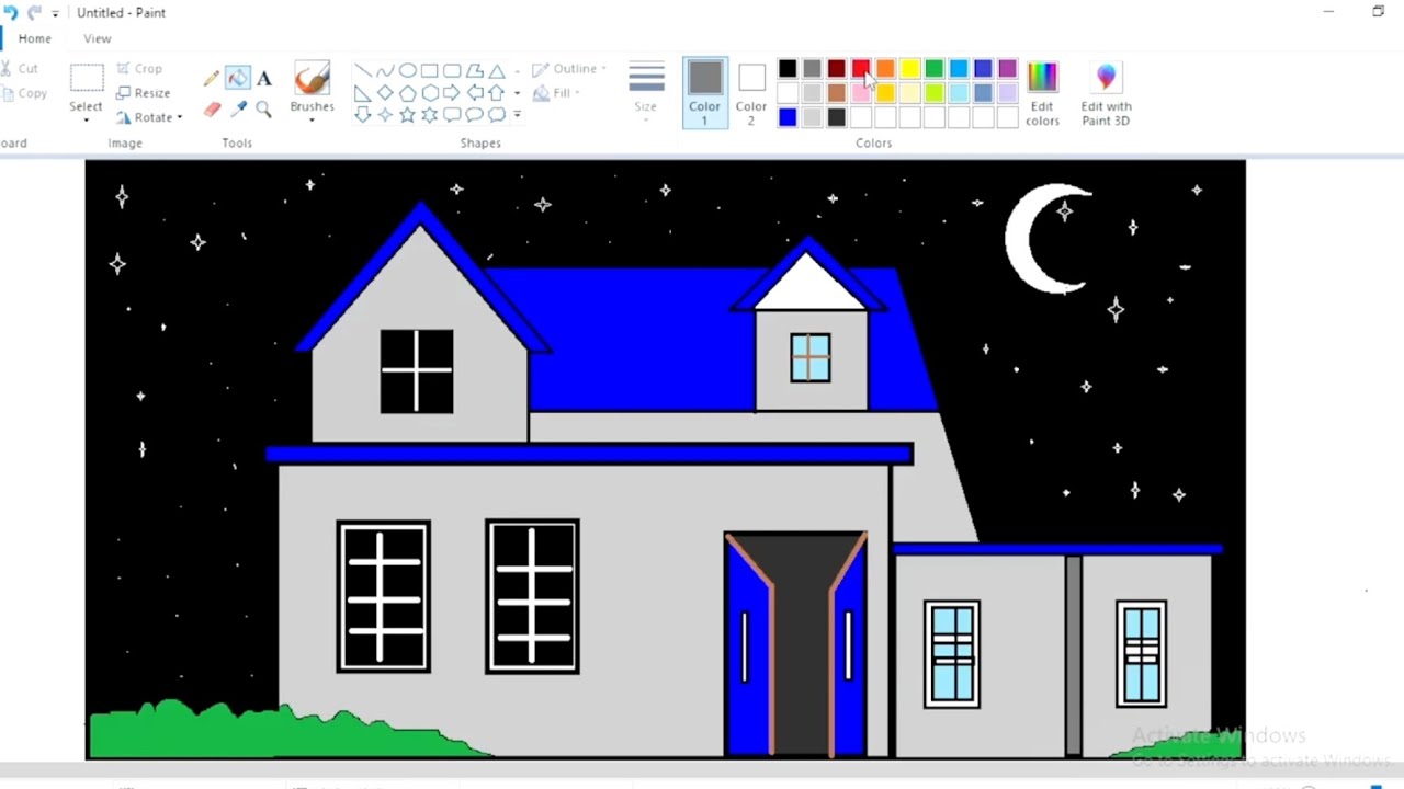 Night Home scenery drawing //scenery drawing in MS Paint! MS Paint tutorial#nightscenery 