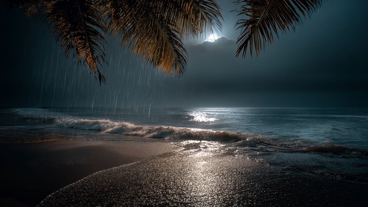 Dark Beach at Night — Soft Light Rain & Ocean Waves for Deep Sleep (No Music • 8 Hours)