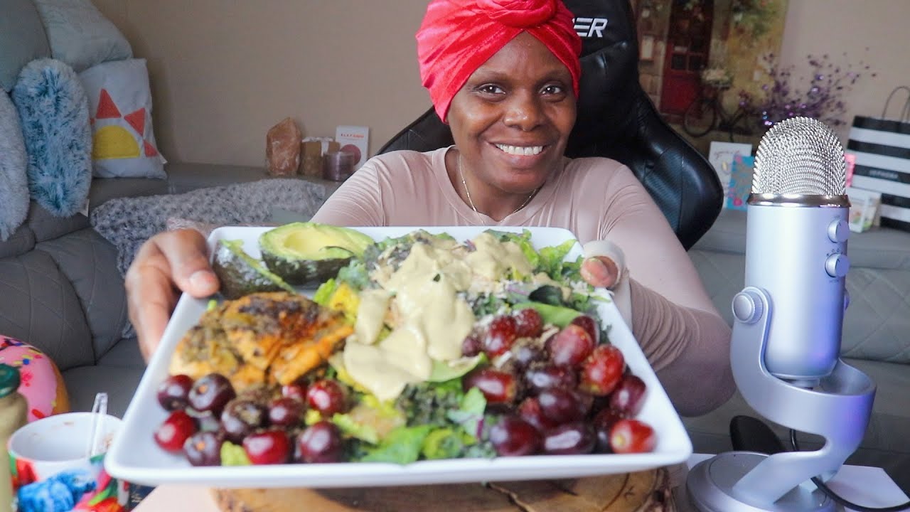Home Made Salad Dressing Basil Salmon Grapes Cherrys The Works ASMR Eating Sounds