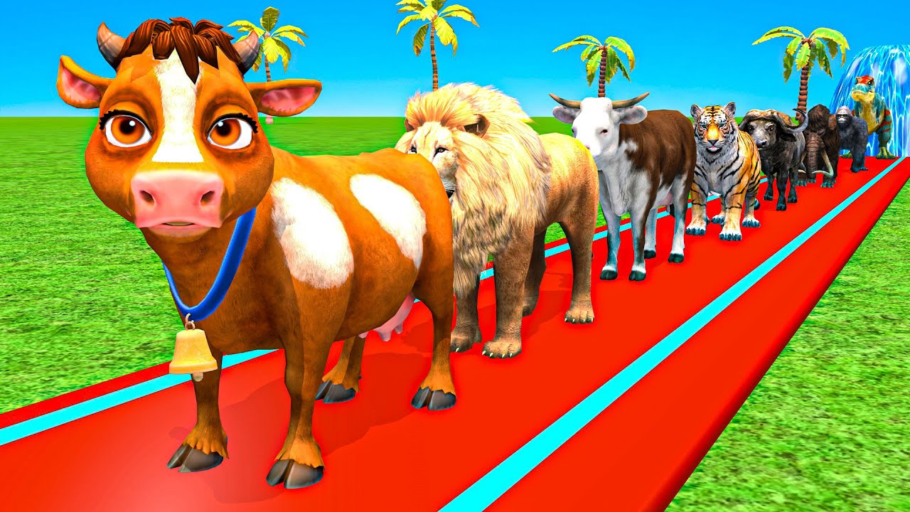 Extreme Long Slide Game With Cow Elephant Gorilla Hippopotamus Tiger 3d Animal Game Funny 3d Animals