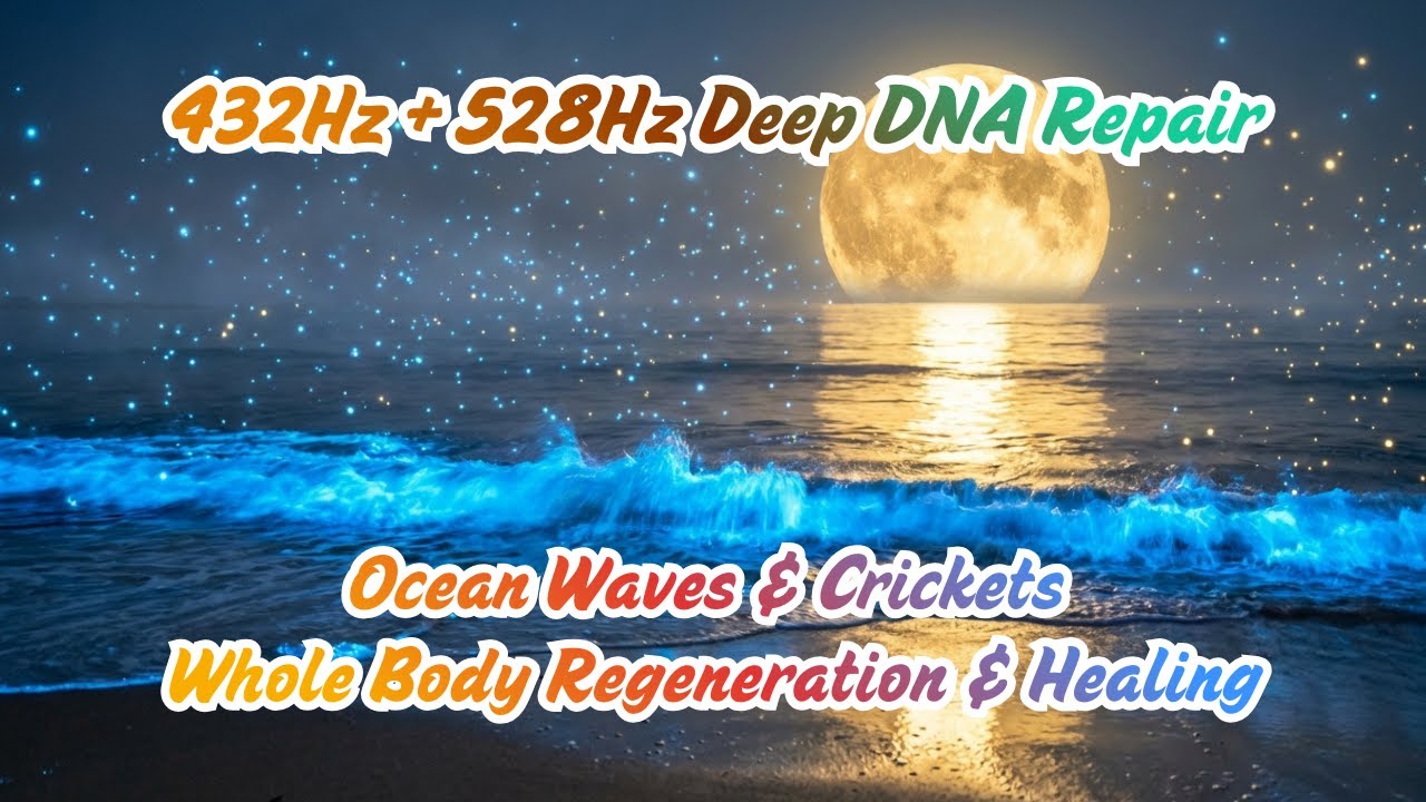 432Hz + 528Hz Deep DNA Repair: Ocean Waves & Crickets | Whole Body Regeneration & Healing