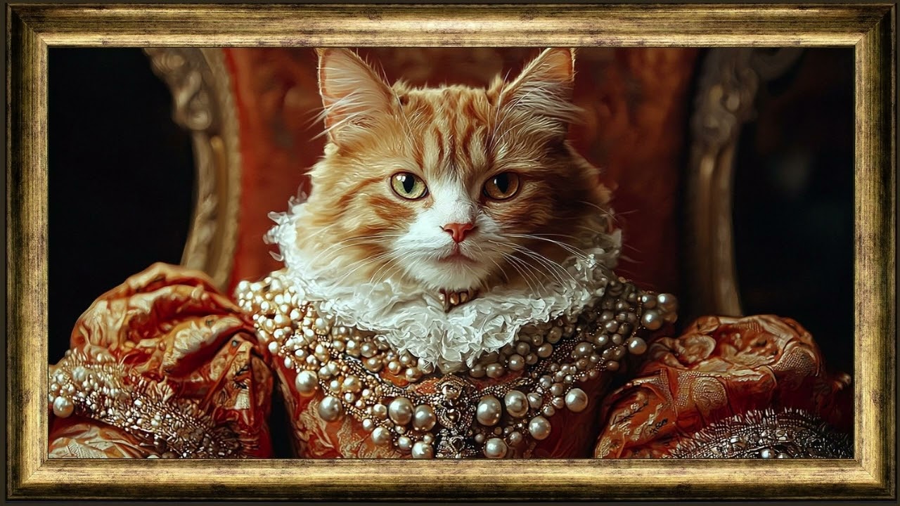 QUEEN cat meme funny screensaver, vintage gold frame TV art