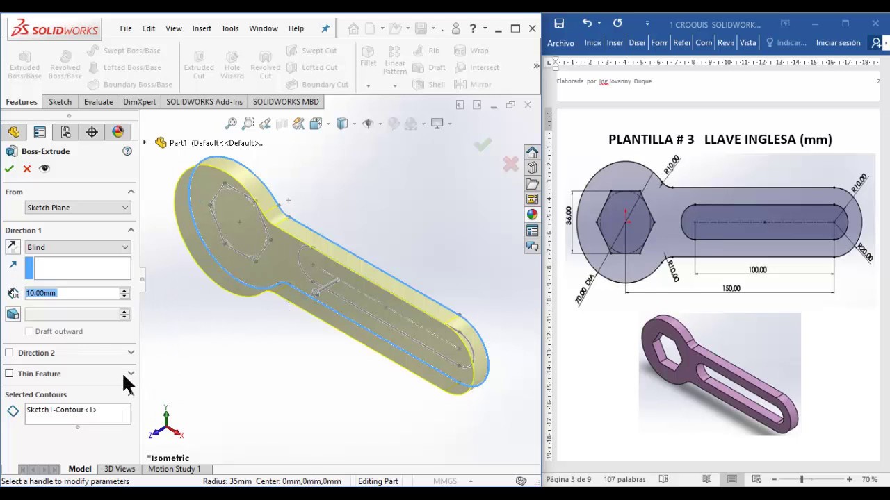 DIBUJO CROQUIZ  SOLIDWORKS LLAVE INGLESA