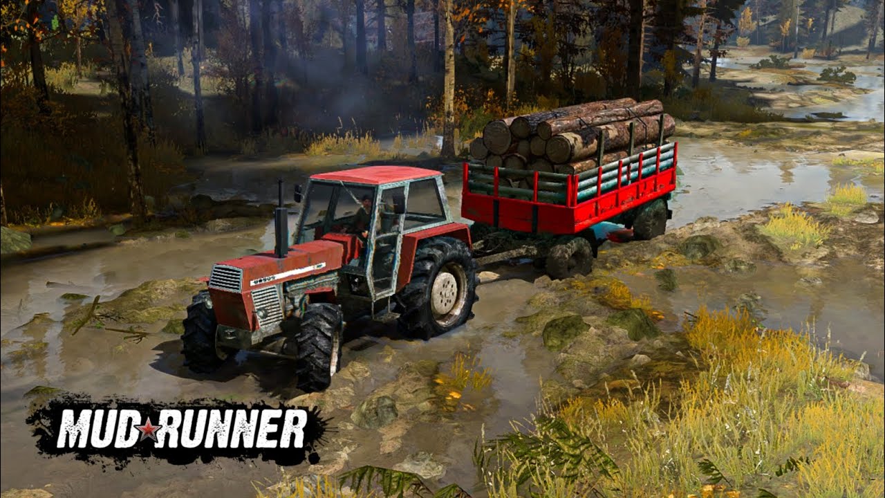 Tractor with Wood Trailer stuck in Mud! Mudrunner Gameplay