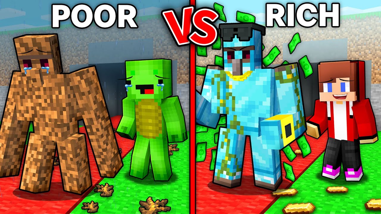 JJ and Mikey : POOR vs RICH Steal an IRON GOLEM in Minecraft ! - Maizen