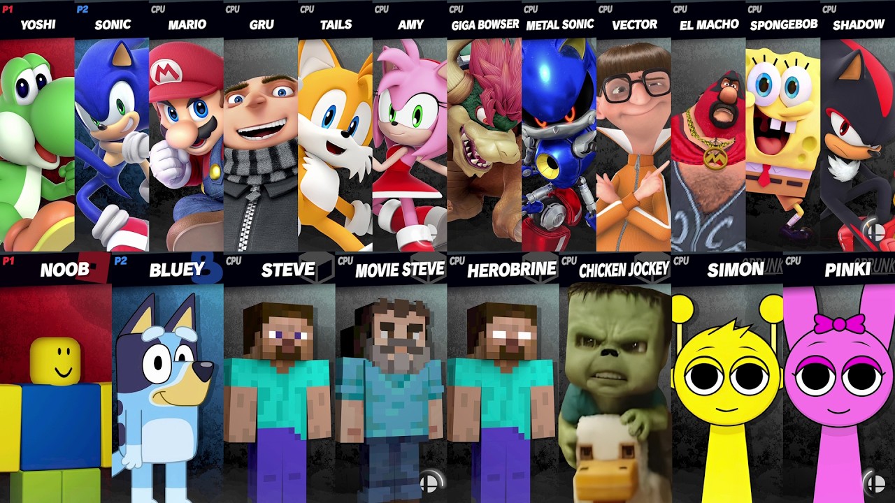 Sonic vs Mario vs Chicken Jockey vs Minecraft vs Roblox vs Sprunki 5 | Super Smash Bros Ultimate