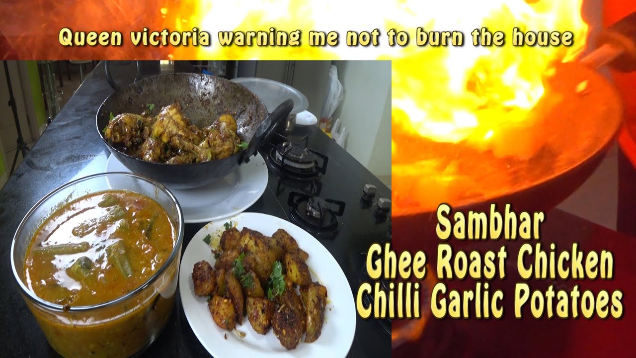 Sambhar - Ghee Roast Chicken - Chili Garlic Potatoes - Drumstick Sambhar Recipe - Kadhai Chicken Fry