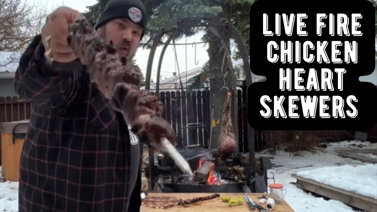 cooking chicken heart skewers over the Live fire in the snow up in Canada! tastiest chicken EVER