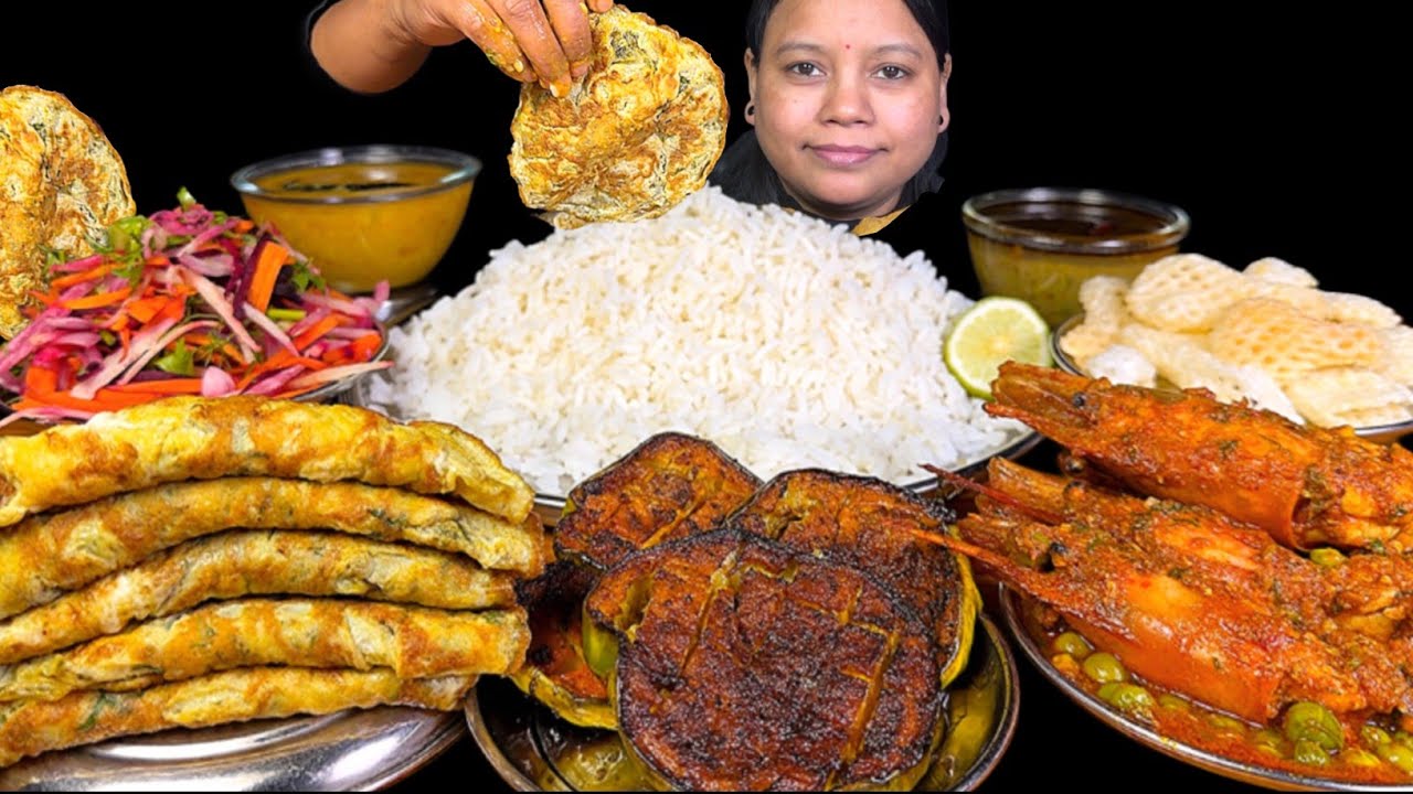EATING DAL CHAWAL, MATAR KA NIMONA, PRAWNS CURRY EGG OMELETTE, BRINJAL FRY & MIX SALAD | EATING SHOW