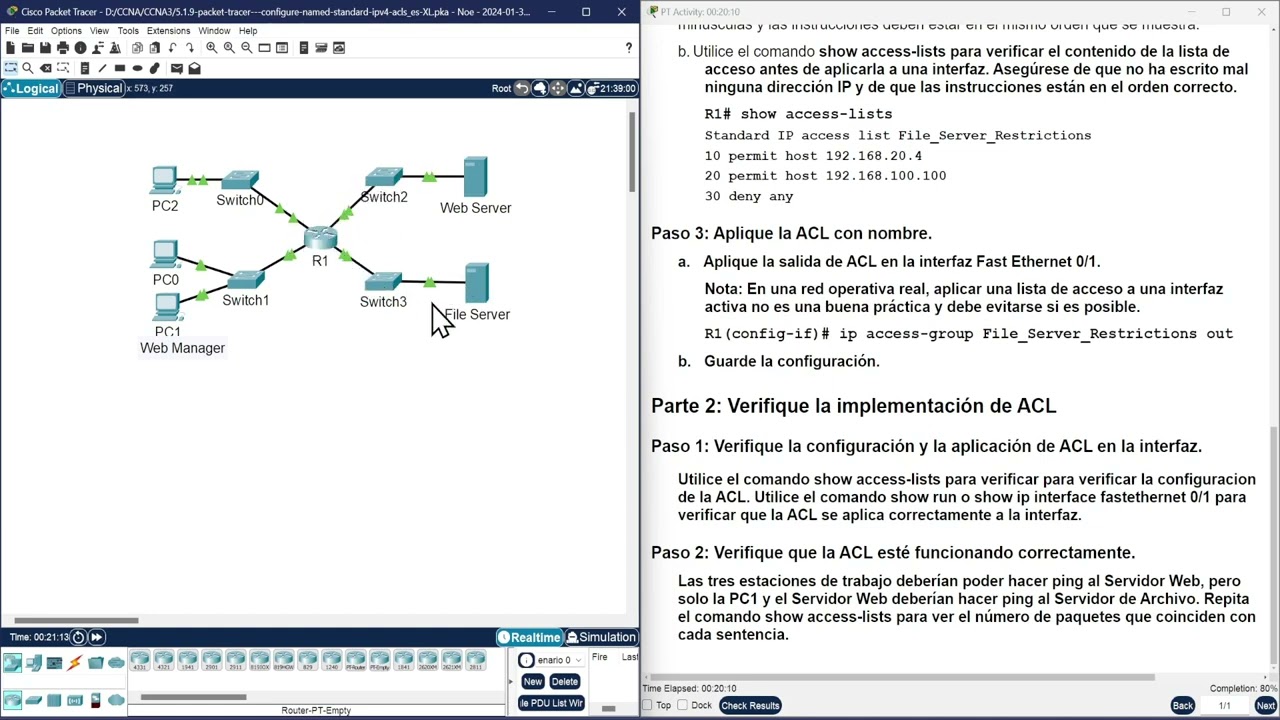 CCNA3 - 5.1.9 Configuraci&oacute;n de ACL est&aacute;ndar para IPv4 con nombre