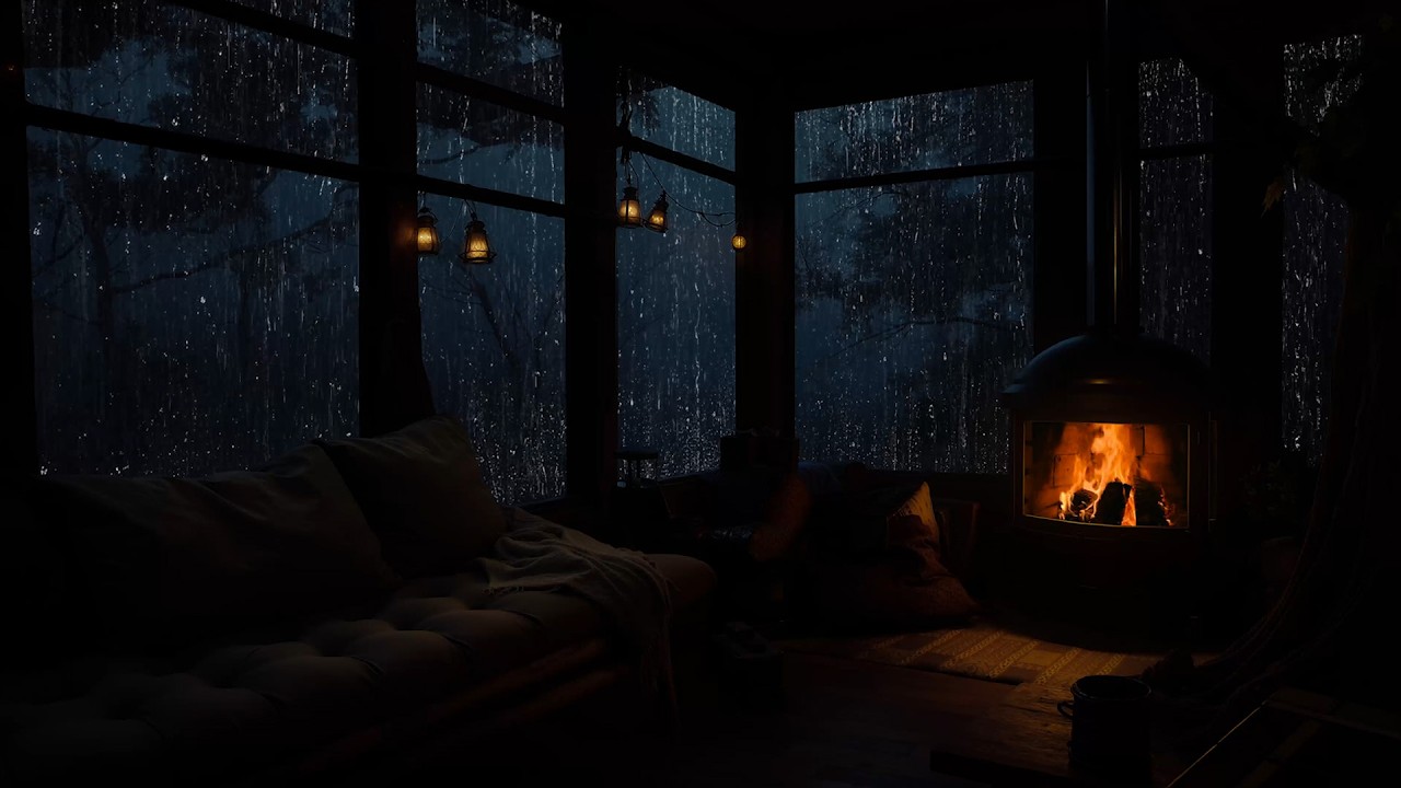 A Peaceful Rainy Night in a Cabin with Crackling Fireplace Sounds for Relaxation and Stress Relief