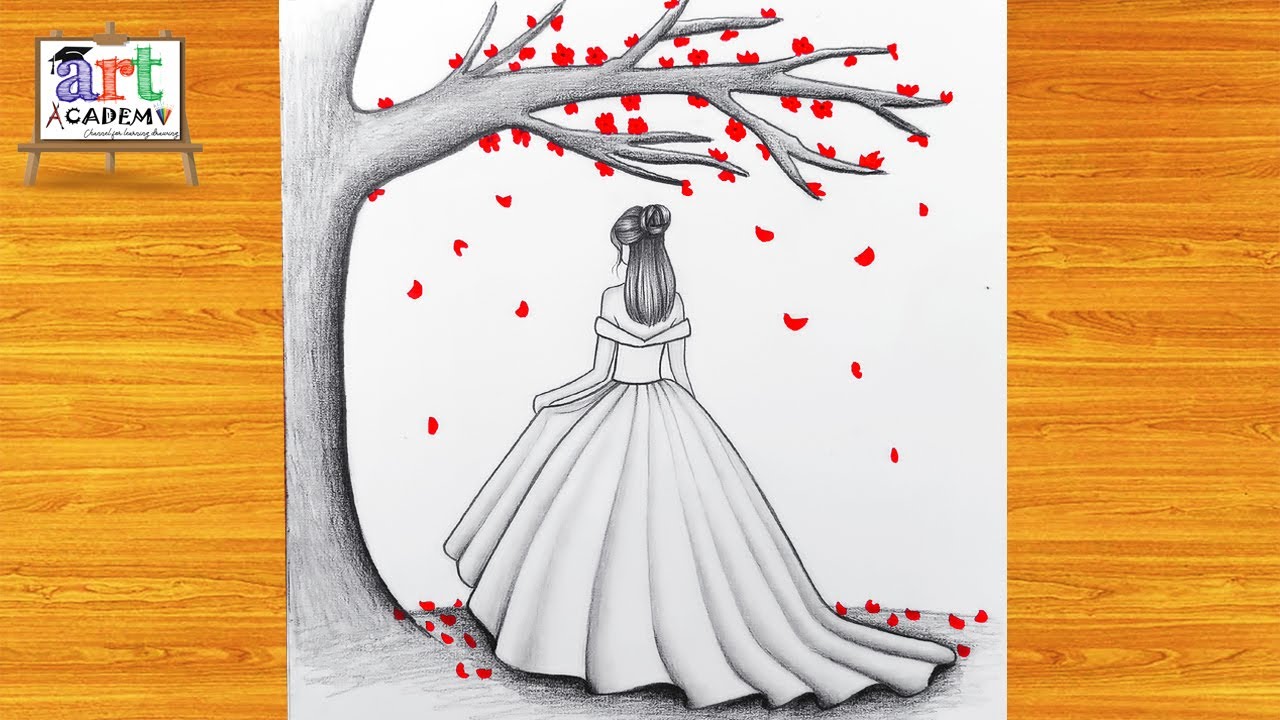 How to draw a cute Girl with Red Tree -Pencil sketch || Drawing easy for beginner || Girl drawing