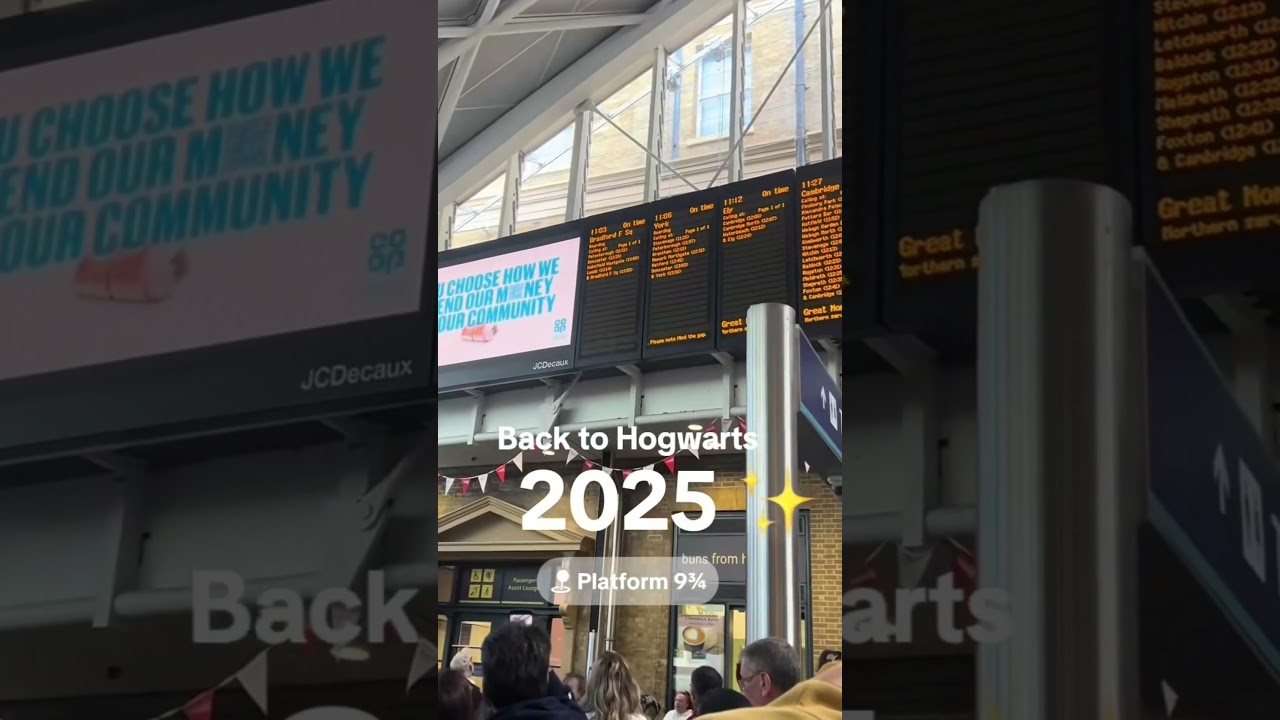 mad british woman in the crown dose the Hogwarts Express Anoncment 2025 at Kings Cross crown cheers.
