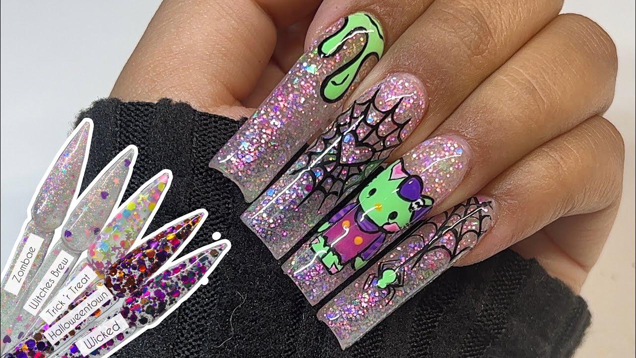 Zombie Hello Kitty Nail Art | GZL Beauty Halloween Glitter Acrylic Swatches | Acrylic Nail Tutorial