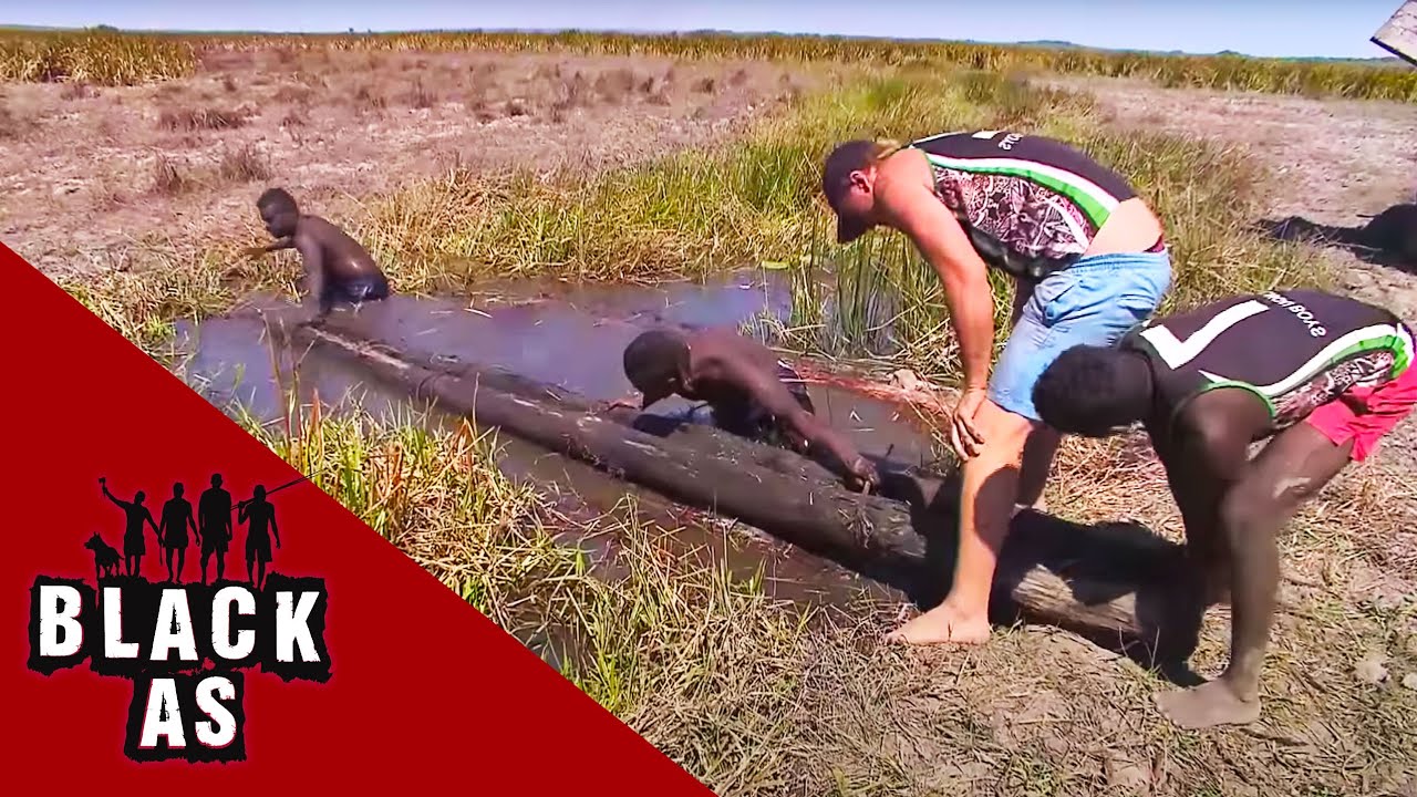 Building a log bridge over croc infested waters to go worm hunting
