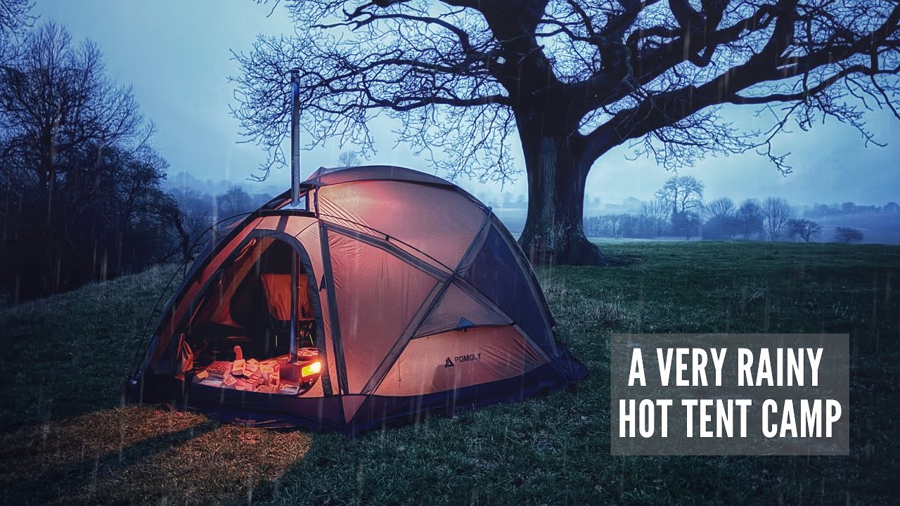 Solo Camping in the Rain with a Huge Hot Tent | Wood Stove Cooking