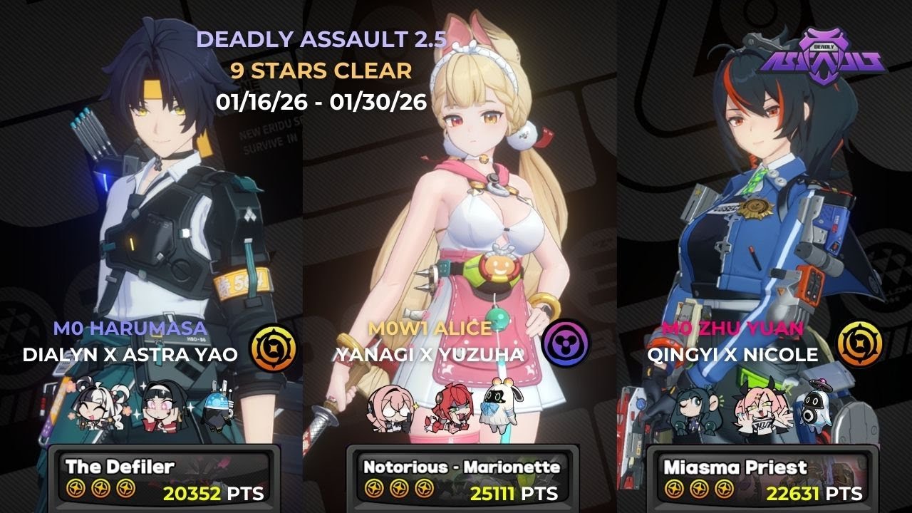 Deadly Assault | 9 Stars | M0 Harumasa, M0W1 Alice x Yanagi & M0 Zhu Yuan Teams | ZZZero 2.5