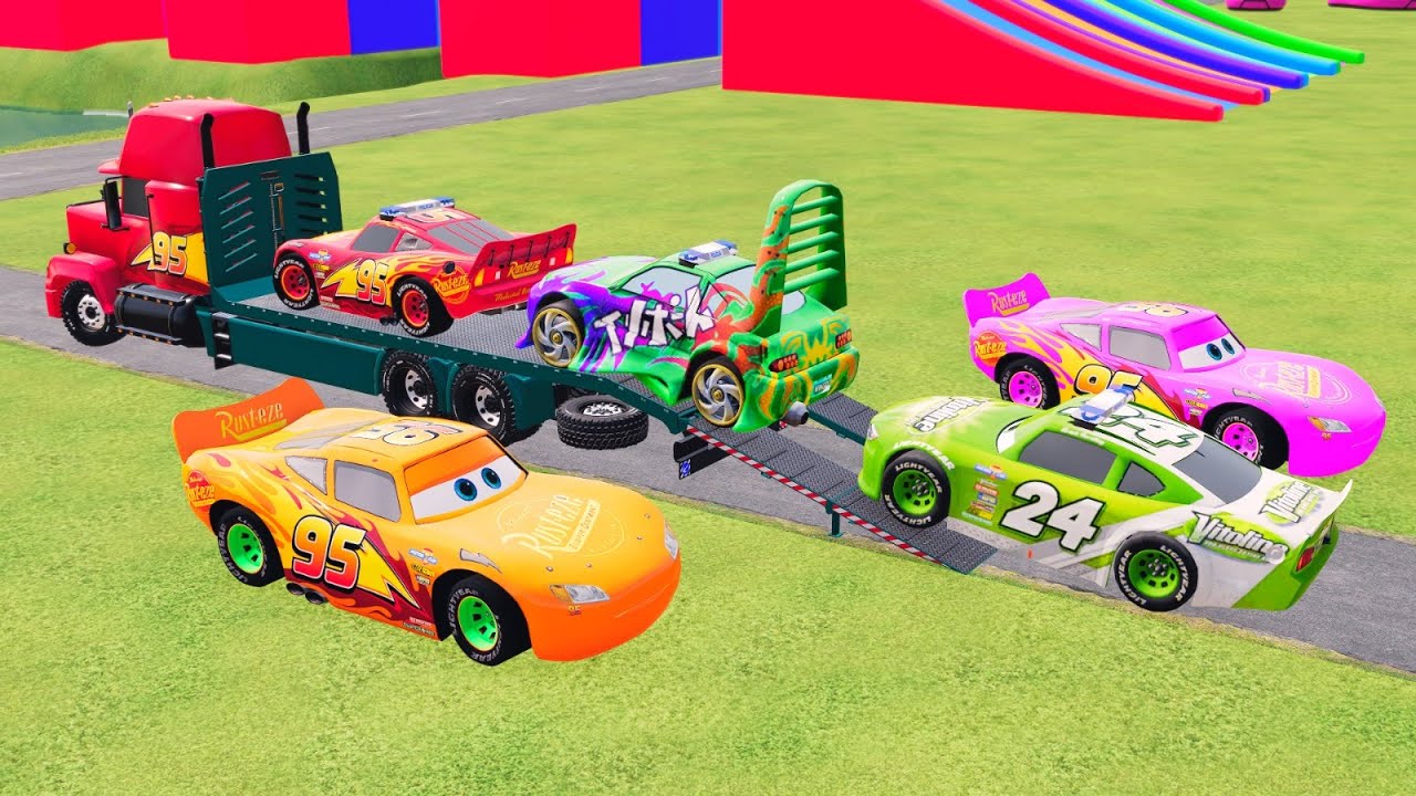 Flatbed McQueen  Transportation with Truck - Police McQueen vs IMPOSSIBLE Terrain!