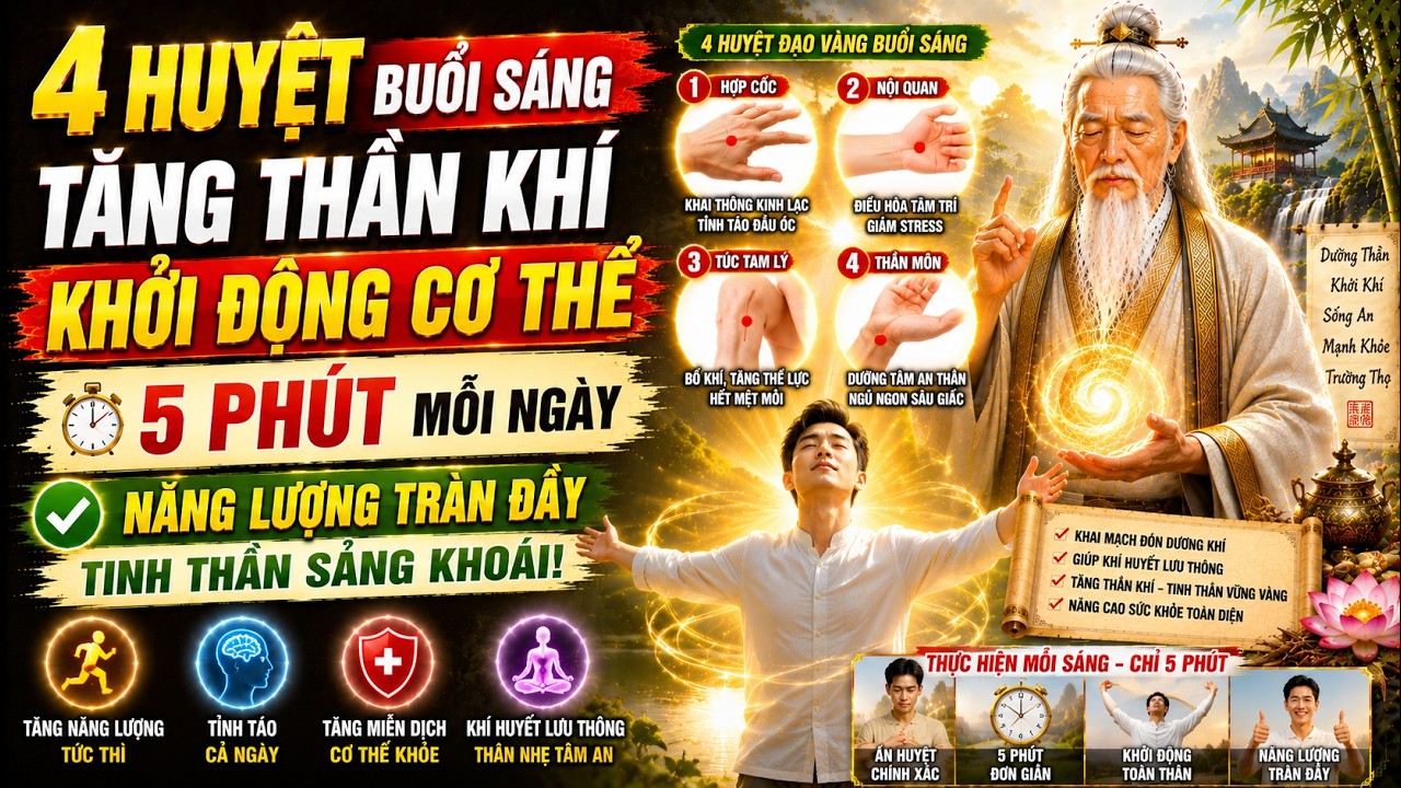 BÍ MẬT CỔ NHÂN: KÍCH HOẠT 4 HUYỆT ĐẠO MỖI SÁNG –TĂNG THẦN KHÍ, 5 phút buổi sáng  Sinh khí dâng tràn
