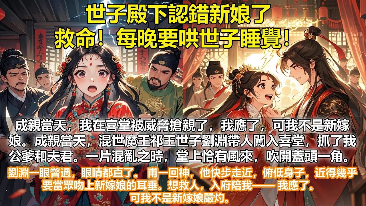 【完結一環扣一環文】世子殿下認錯新娘了，救命！每晚要哄世子睡覺！成親當天，混世魔王祁王世子劉淵帶人闖入喜堂，抓了我公爹和夫君一片混亂之時，堂上恰有風來，吹開蓋頭一角，劉淵一眼瞥過，眼睛都直了。