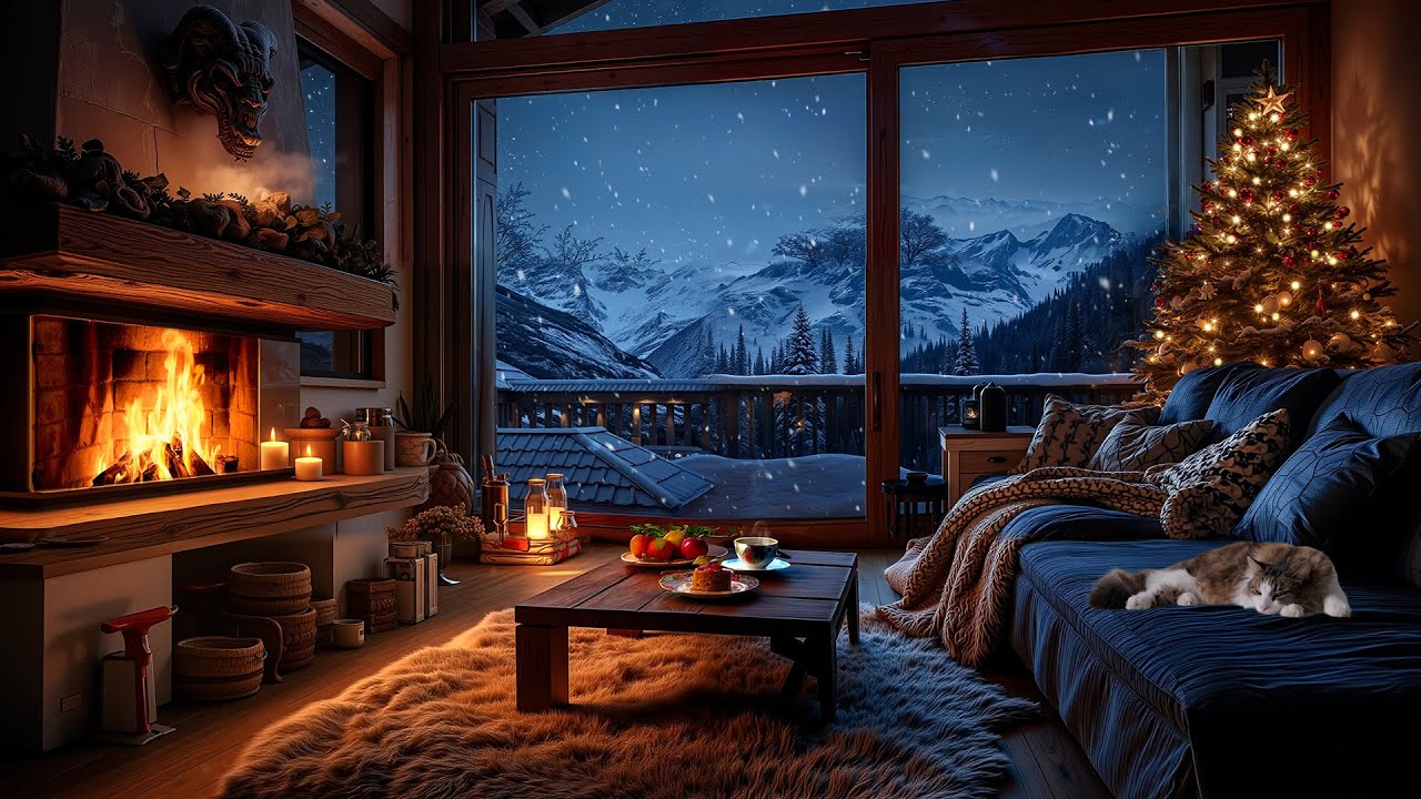 ASMR Mountain Lodge at Night | Snowfall, Wind & Fire Sounds | Deep Sleep Ambience 3 Hours