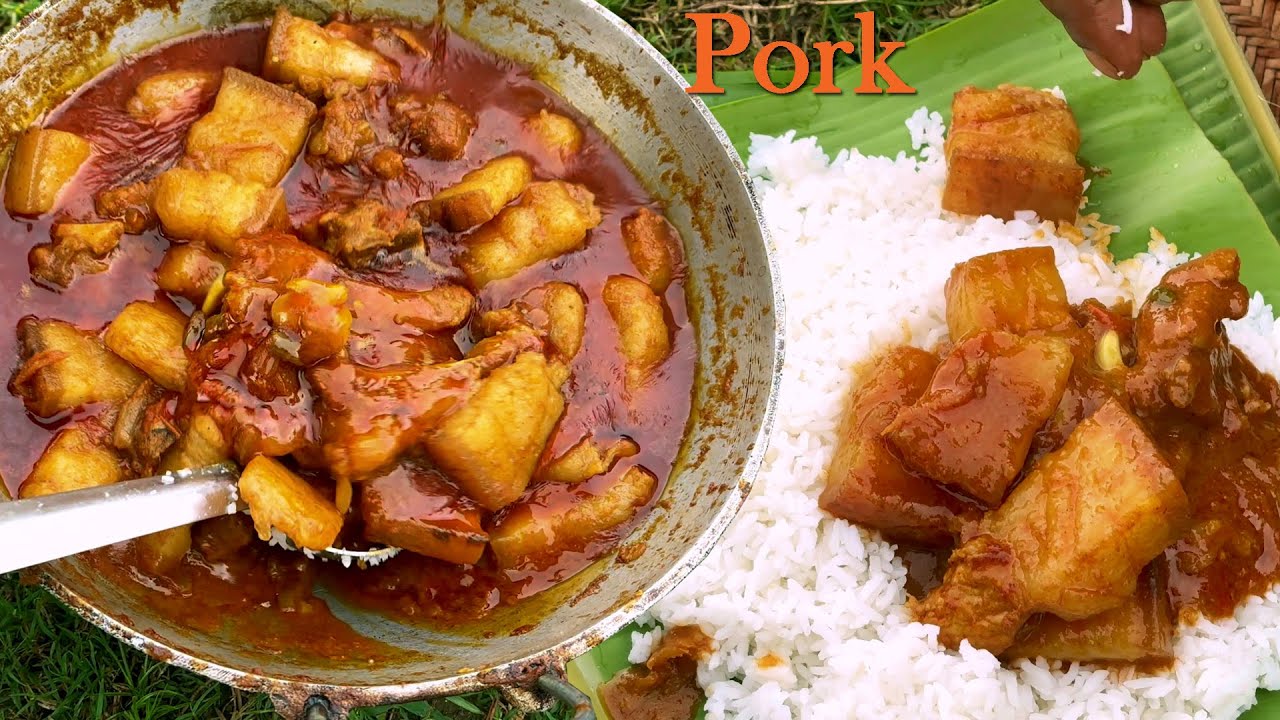 Pork cooking and eating in rain | Pork Recipe | Pork eating