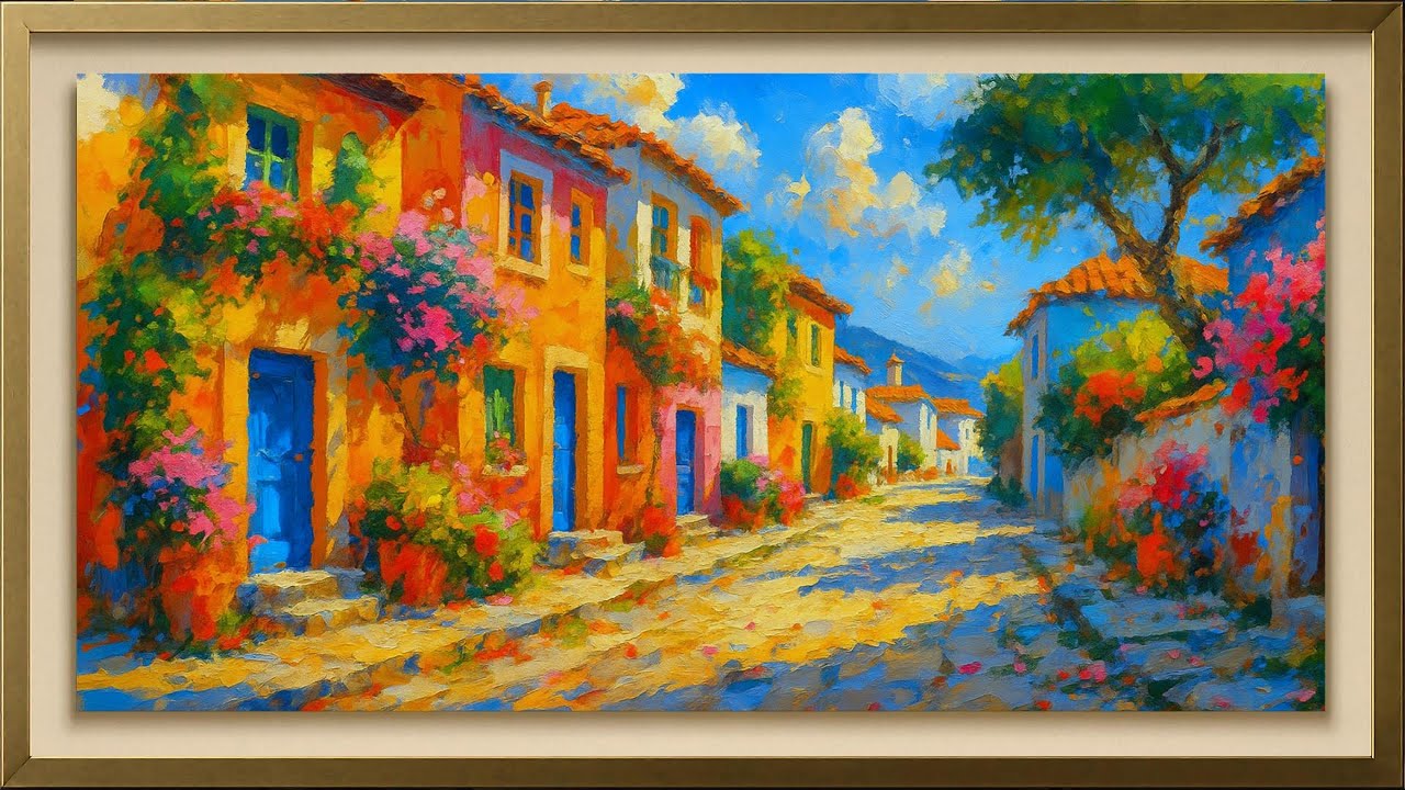 Mediterranean Village Street – 4K Framed Art | Calle Mediterránea – Arte enmarcado 4K | No Music