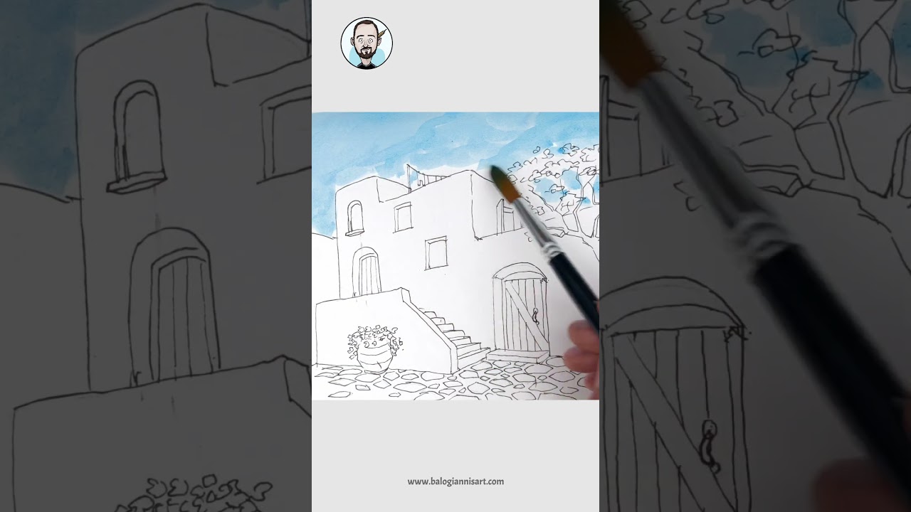 Greek Island Traditional House Ink & Color Drawing – Speed Art Tutorial