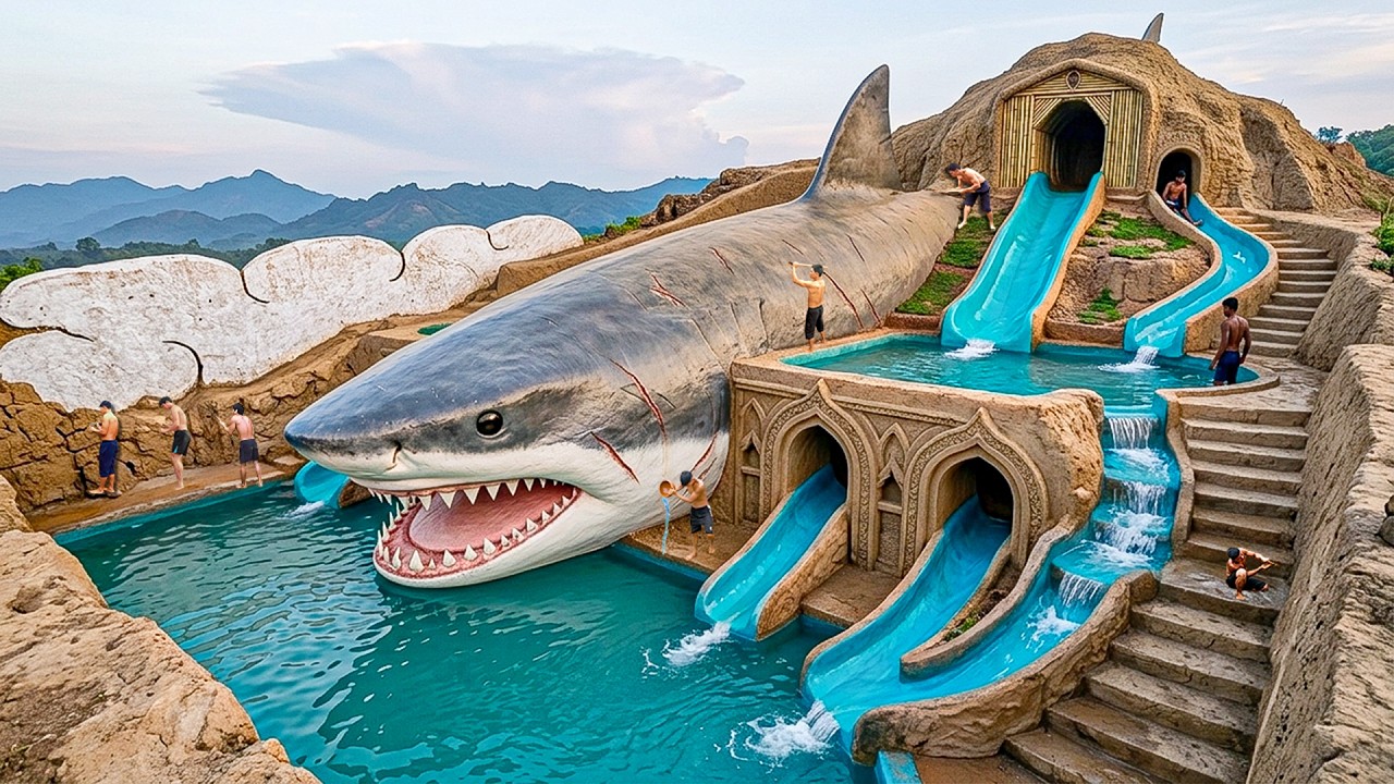 200 Days Building a Shark Waterpark with Curved Slides Carved into a Cliffside Using Primitive Tools