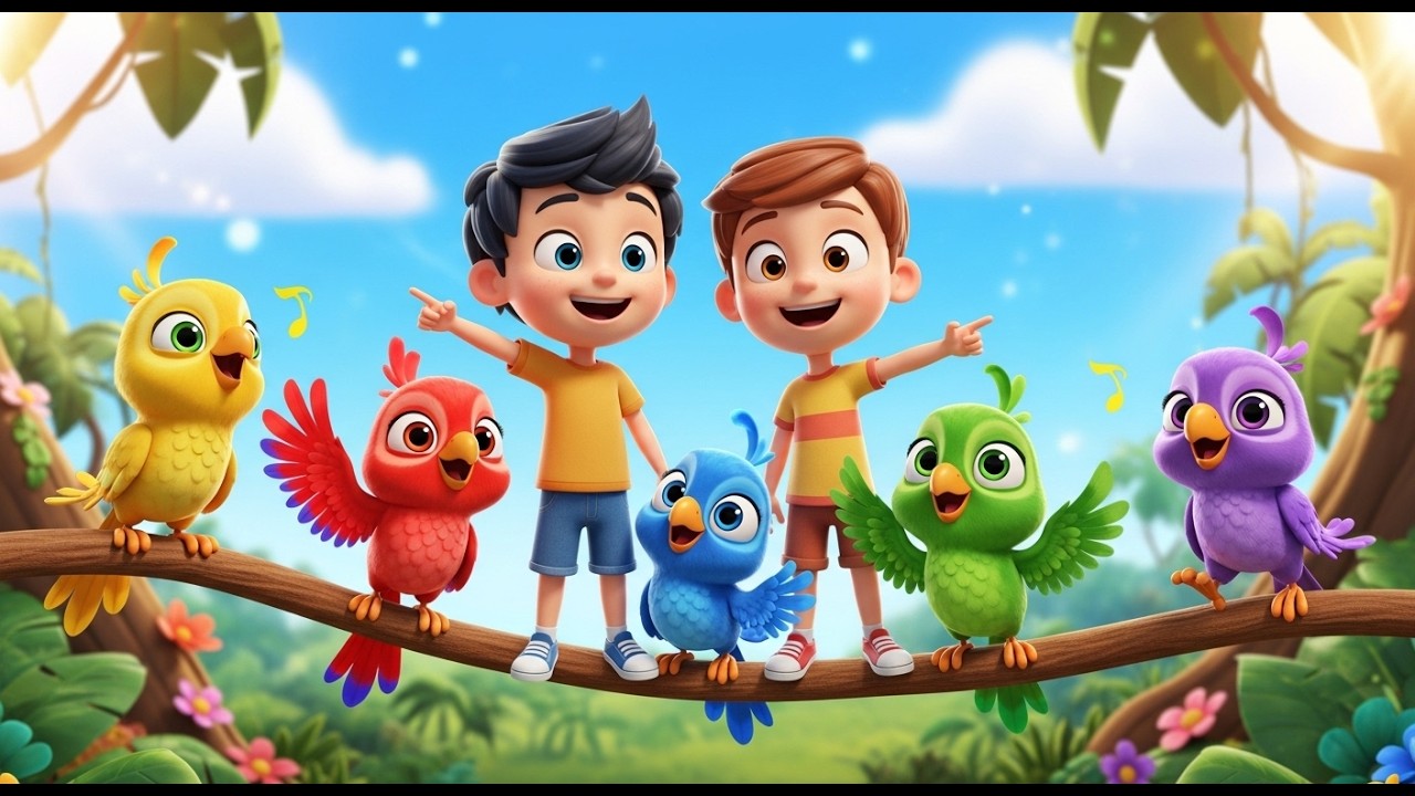 Cinq petits perroquets gazouillent gazouillent | Chanson des oiseaux colorés pour enfants