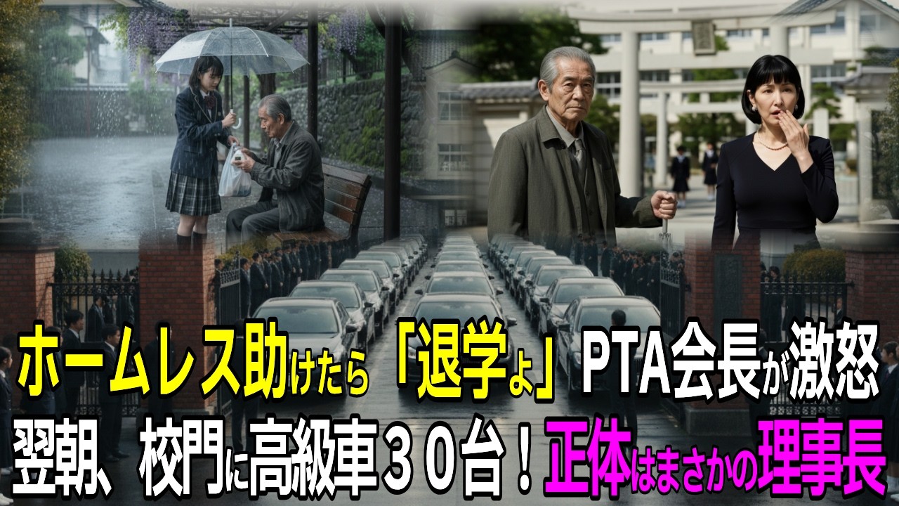 「ホームレスと話すな！退学よ」と激怒したPTA会長。翌朝、校門に黒塗りの高級車が30台現れ、降りてきた老人を見た会長が失禁…【感動する話】