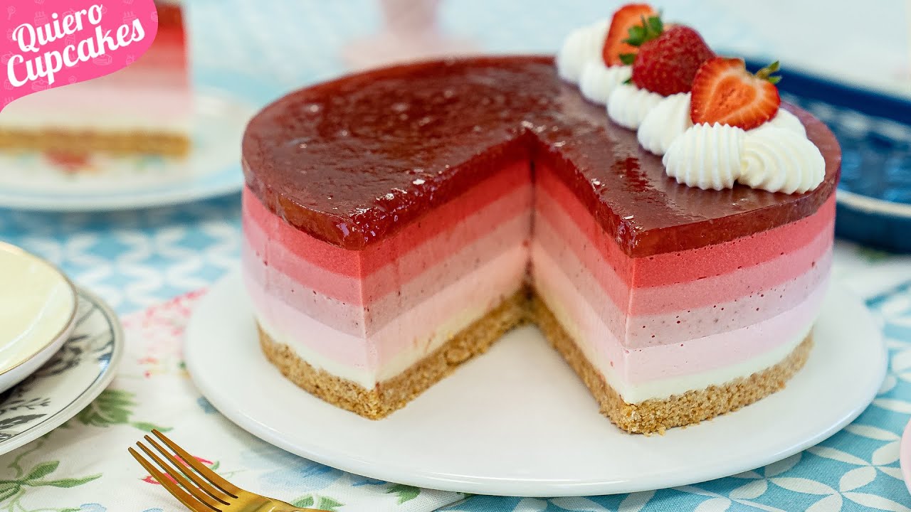 CHEESECAKE DE FRESA EFECTO OMBRÉ 🍓🍰  | POSTRE SIN HORNO | QUIERO CUPCAKES