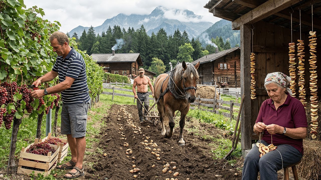 Bountiful Fruit & Vegetable Harvest in the Fields, Harvesting potatoes and making dried apples.