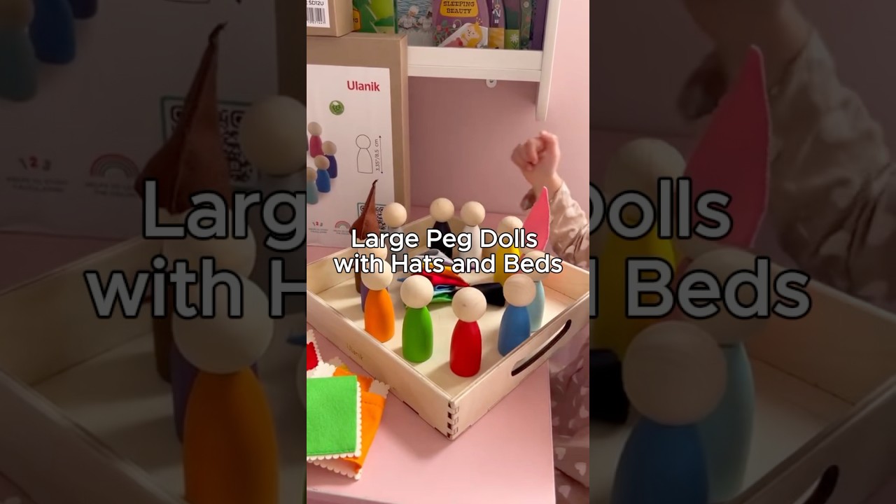 12 colored wooden peg dolls, hats and beds in your Montessori room 🧸 #childdevelopment #montessori