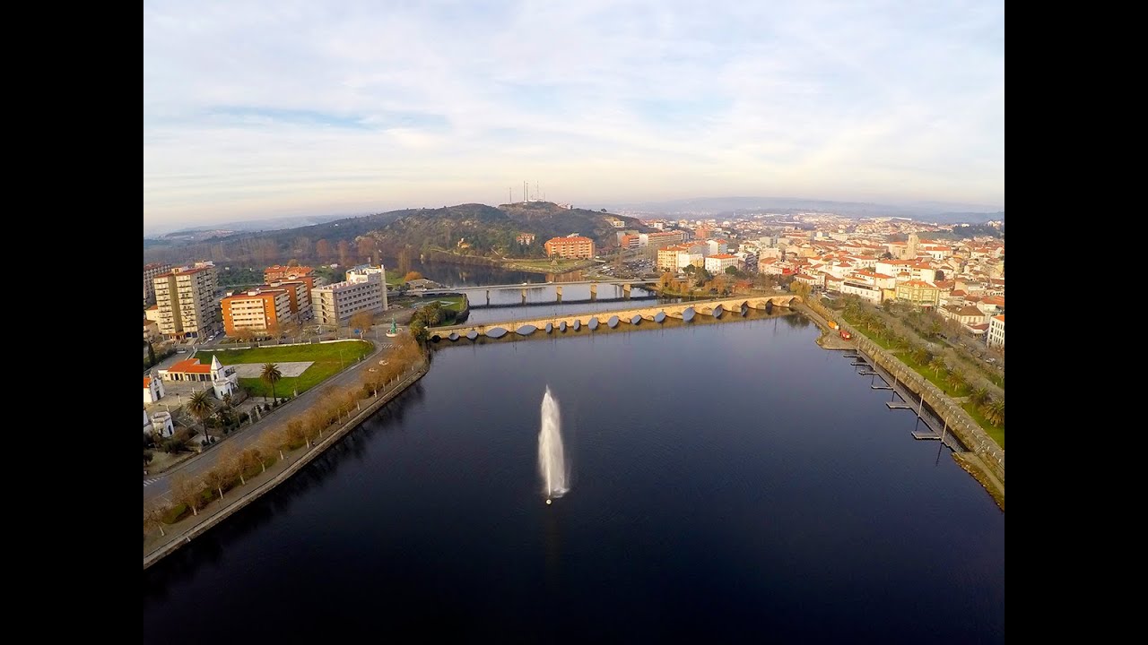 Mirandela and Tua river fountain aerial view