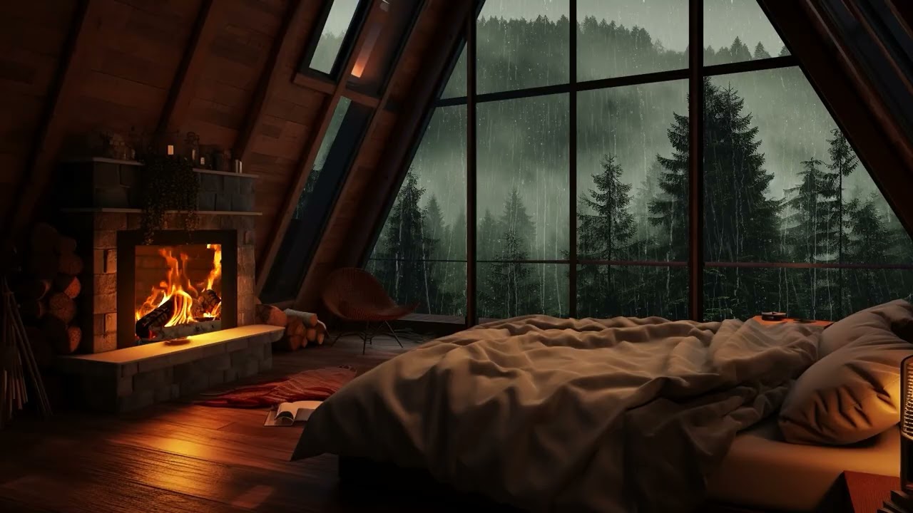 Rain Sounds for Sleep with Fireplace | Cozy Cabin Rain Ambience for Deep Relaxation