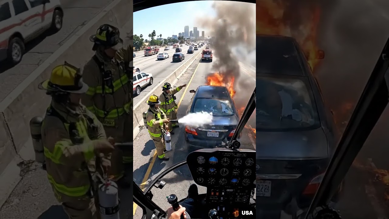 Helicopter POV Car Catches Fire on Highway! 😱 #S