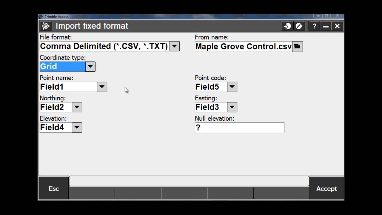 Trimble Access .csv file import