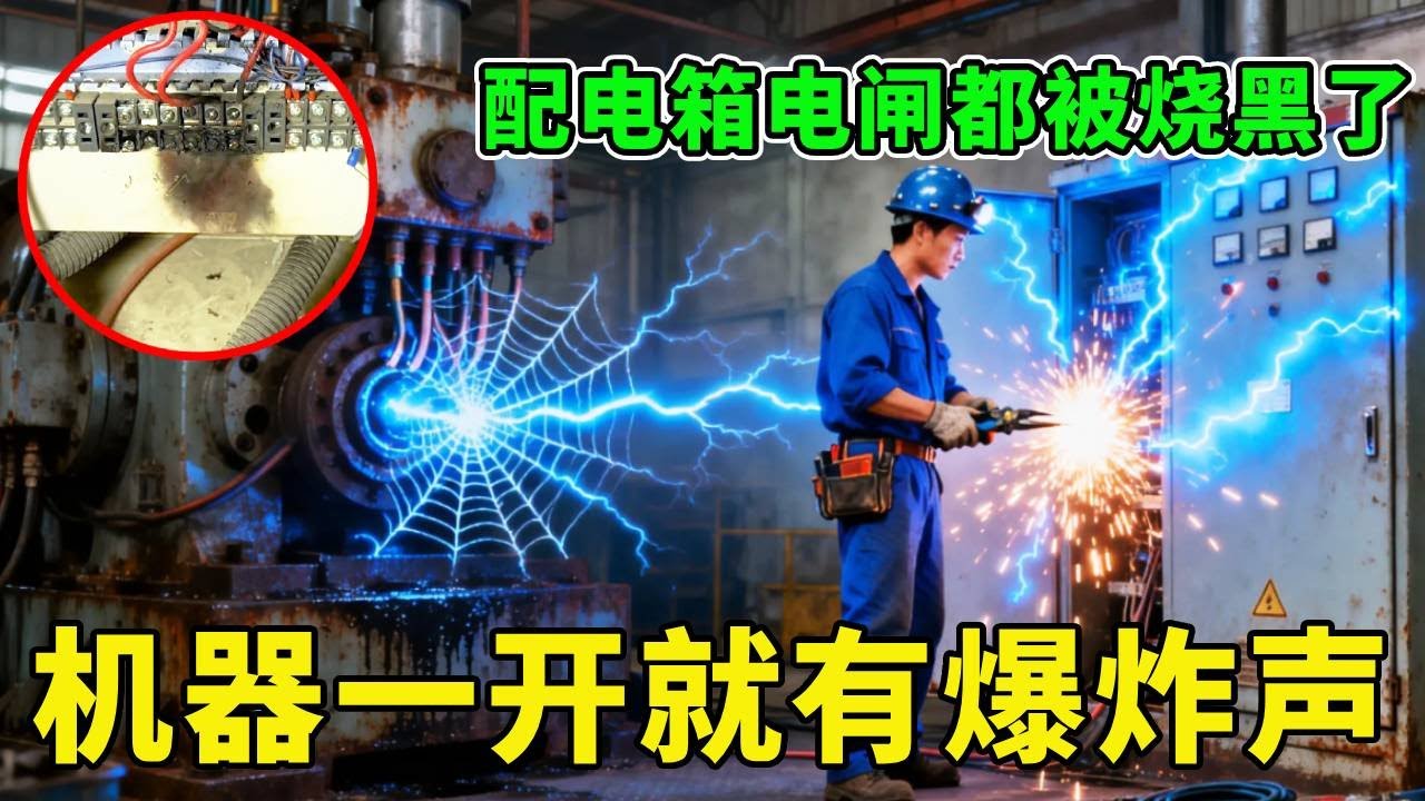 工厂设备用了几年都没事，没想到这天一开机就传来爆炸声！一看电箱电闸都被烧黑了！【城阳电工电路】