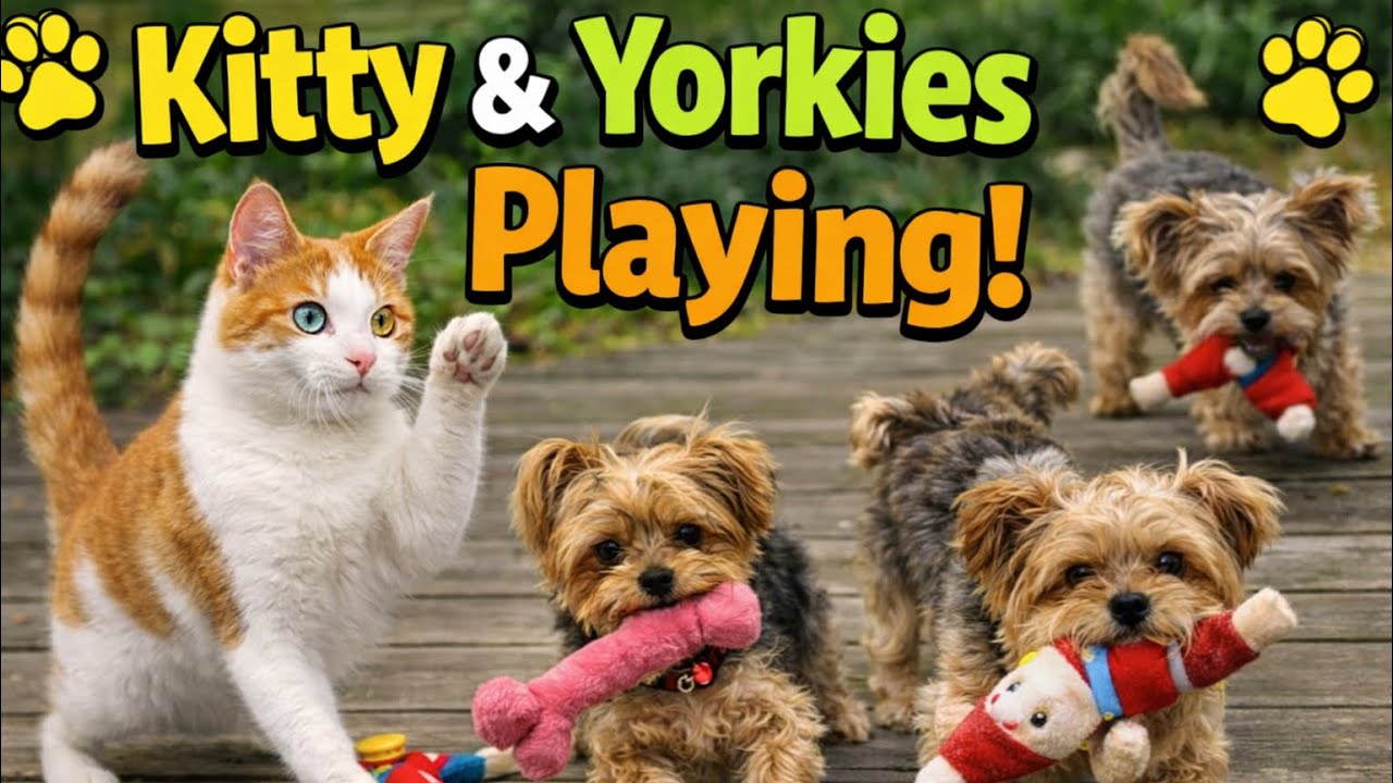 Kitty and yorkies playing