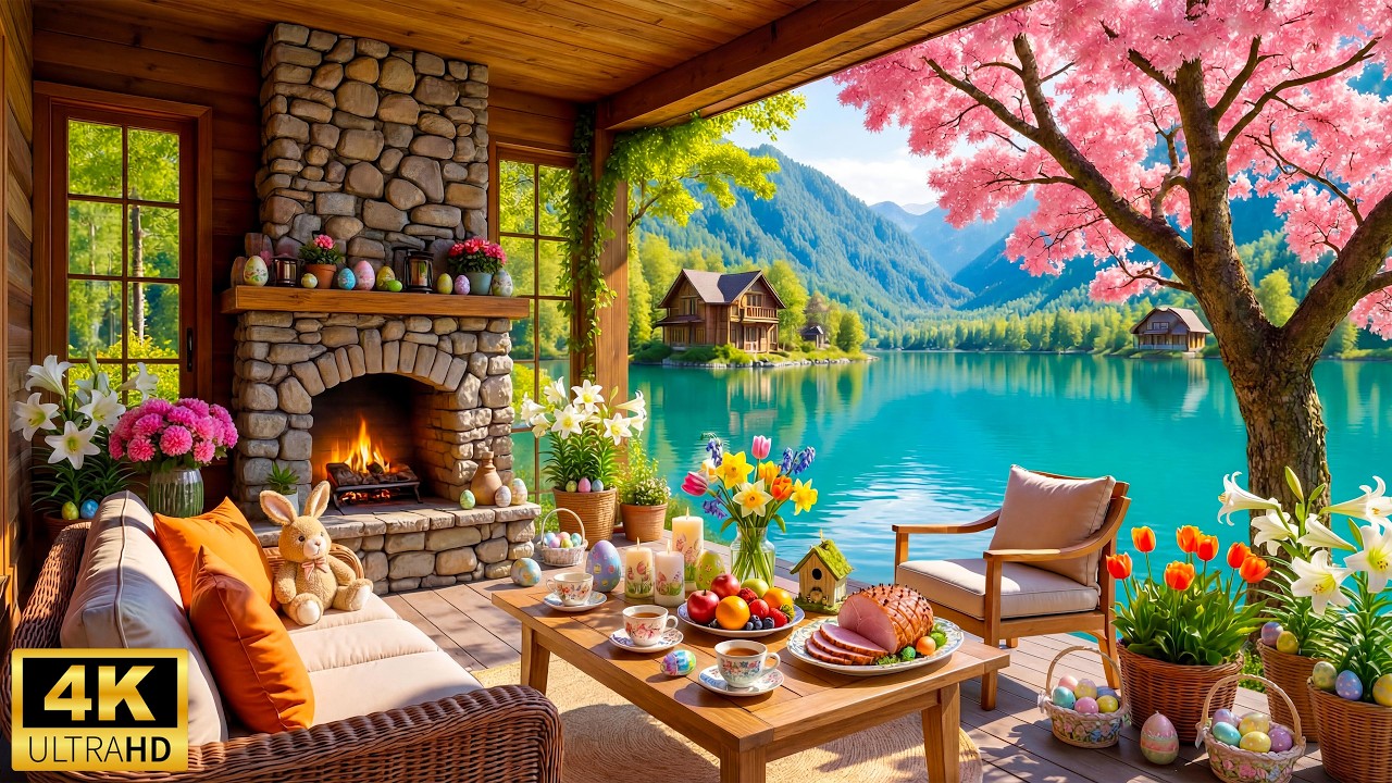 Cozy Spring Morning by the Lake🌺Relaxing Piano Music & Crackling Fireplace for Calm🐰Happy Easter Day