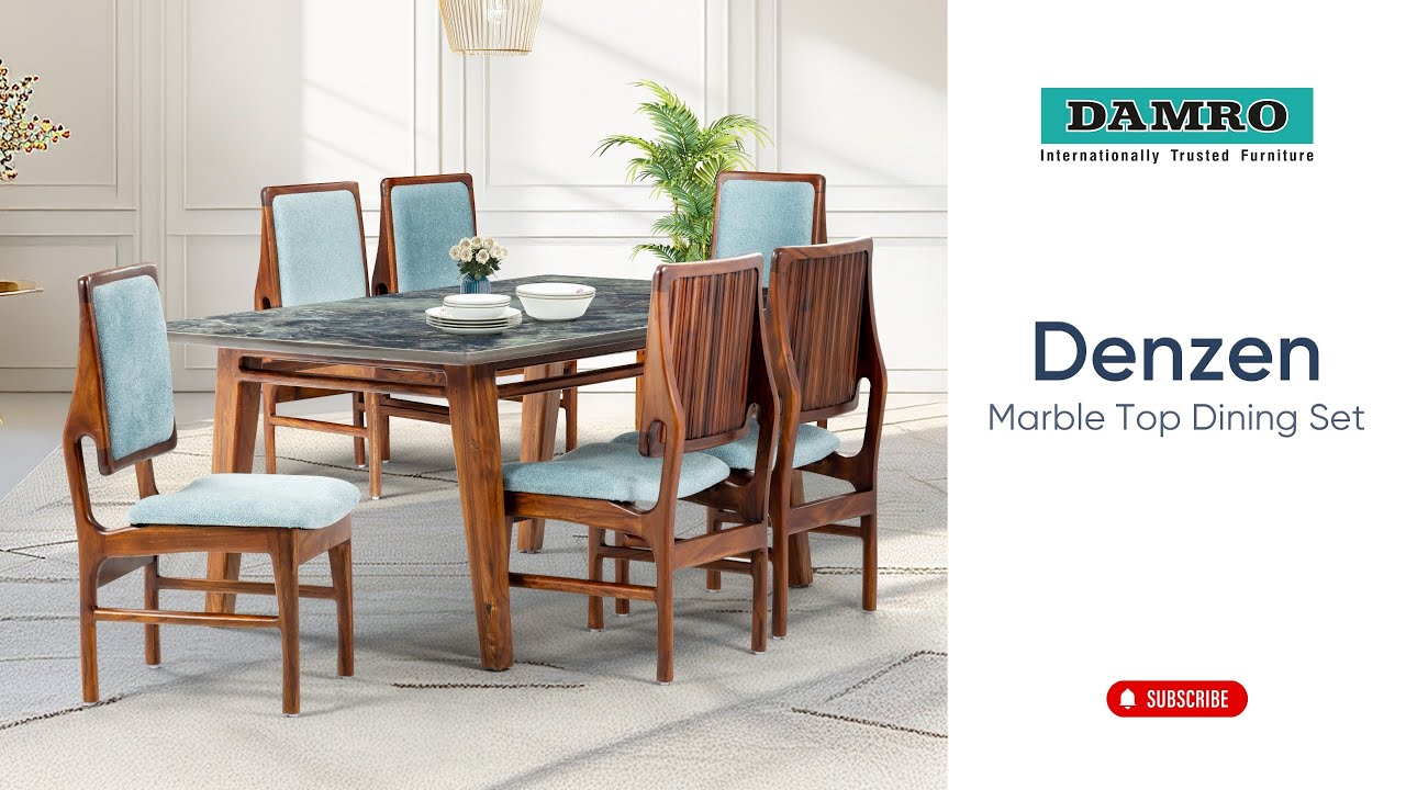 Damro | Denzen 6-Seater Dining Table Set | Marble Top and Teak Wood