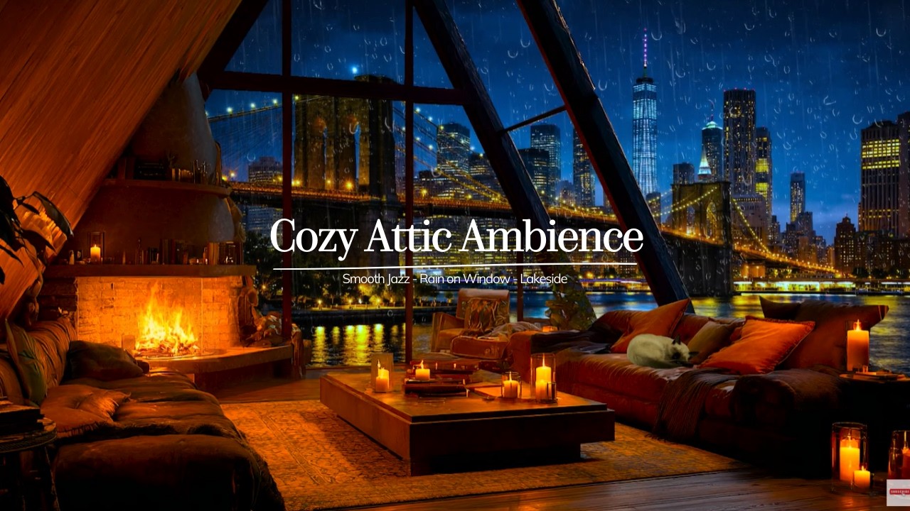 Cozy Attic City Night View🌃 – Rain, Bridge & Fireplace Ambience for Deep Focus