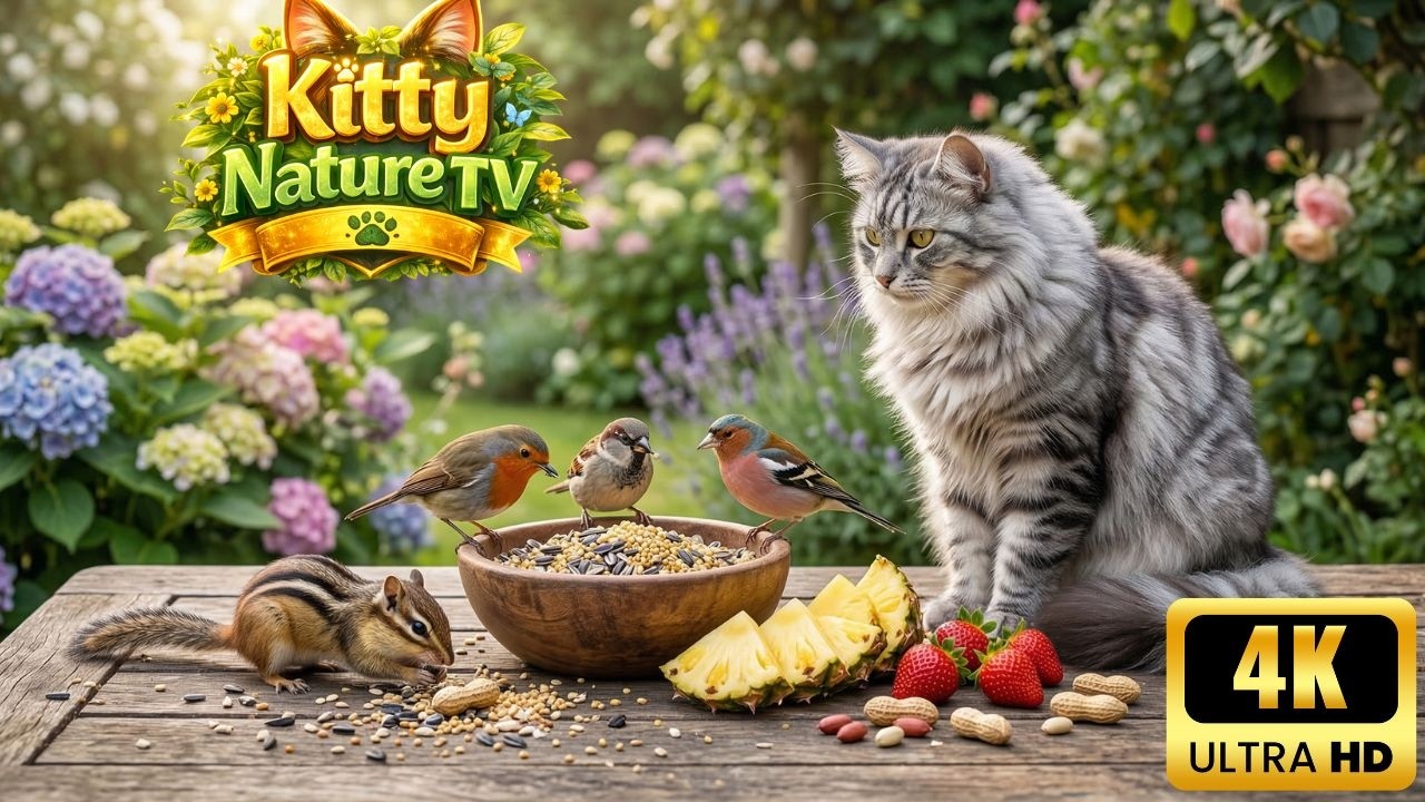 Relaxing Cat TV 😺 Птицы в Саду и Любопытные Белки Едят на Стене 🐦🐿️ 4K HDR