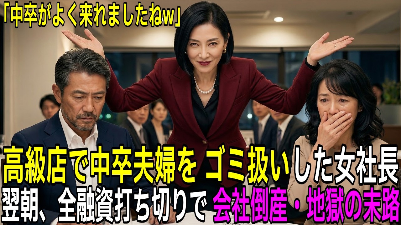 高級フレンチで中卒夫婦を侮辱した女社長。翌朝、全融資打ち切りで会社倒産へ…【感動する話】
