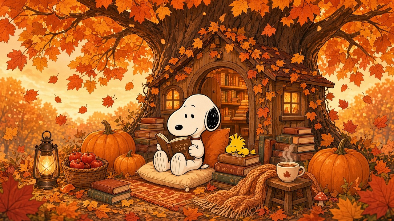 Snoopy&rsquo;s Cozy Autumn Reading Nook 🍂📚 Warm Lofi Beats to Study, Read & Relax
